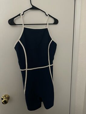 Navy Blue Spaghetti-Strap Jumpsuit with White Piping